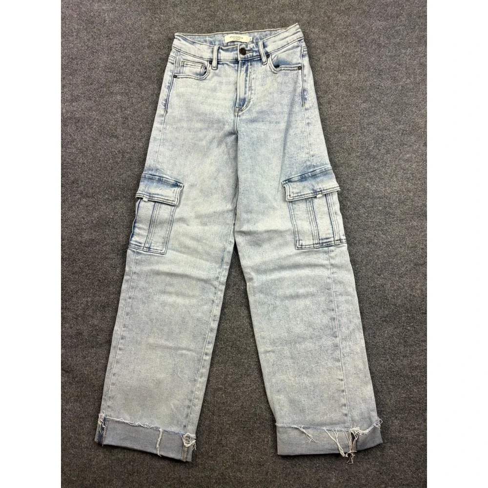 Hidden Cargo Jeans Womens 24 Light Blue Acid Wash Wide Leg Raw Hem Utility